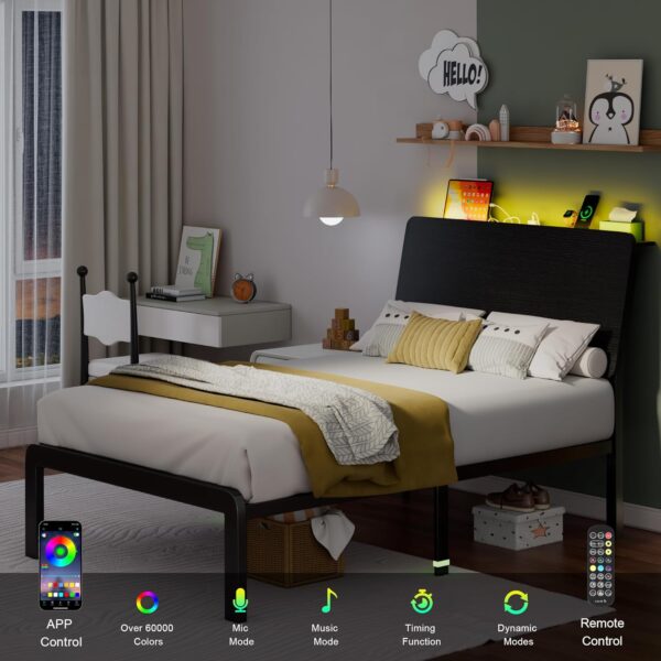 Feonase Twin Bed Frame with Ergonomic Storage Headboard & Charging Station, LED Platform Bed Frame, Heavy Duty Metal Slats, No Box Spring Needed, Easy Assembly, Black - Image 3