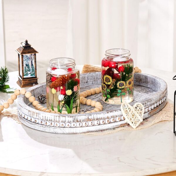Wooden Decorative Tray-16×11.8" Oval Coffee Table Tray Kitchen Dining Table Centerpiece Decoration Holder Tray,Whitewashed Beaded Farmhouse Tray for Home Easter Thanksgiving Table Decor - Image 7