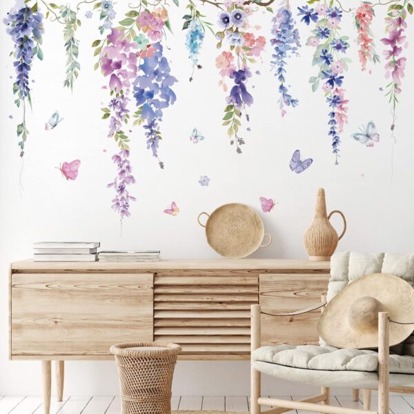 Zonon Flowers Wall Decals Vinyl Dragonflies Flowers Wall Stickers Removable Floral Wall Murals Peel and Stick Colorful Flower Wall Decor for Bedroom Living Room Nursery(Elegant)
