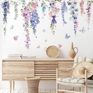 Zonon Flowers Wall Decals Vinyl Dragonflies Flowers Wall Stickers Removable Floral Wall Murals Peel and Stick Colorful Flower Wall Decor for Bedroom Living Room Nursery(Elegant)