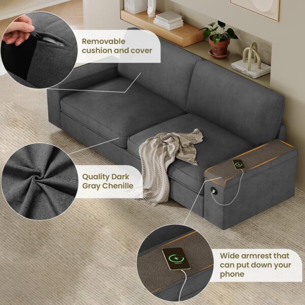 SEDETA Modern Couch, Comfy Couches for Living Room, Oversized Loveseat Sofa, Deep Seat Sofa with Storage and 2 USB Charging Ports, Removable Sofa Cover(Dark Grey Chenille) - Image 4