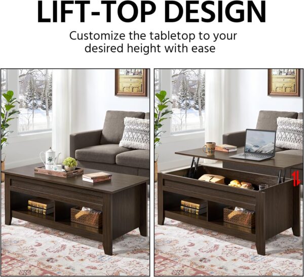 Yaheetech Lift Top Coffee Table with Hidden Storage Compartment & 2 Open Shelves, Rising Tabletop Pop Up Center Table for Living Room Reception Room, 47.5'' L, Espresso - Image 4