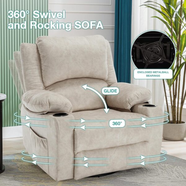 Massage Recliner Chair for Adults 360°Swivel Rocker Recliner Chair with 8Point Massage and Heat, Oversized Soft Fabric Recliner Chair for Living Room Home Theater Reclining Sofa Chair Beige - Image 5
