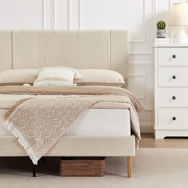 Flolinda Full Size Bed Frame Upholstered Platform with Complete Headboard and Strong Wooden Slats, No Box Spring Needed, Easy Assembly,Beige - Image 3