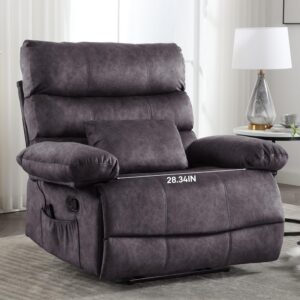 Oversized Recliner Chair, Plus Size 28 inch Large Wide Seat Manual Flannel Recliner with Pockets, Massage Heated Pillow 350 lb Capacity for Living Room Adults Dark Grey