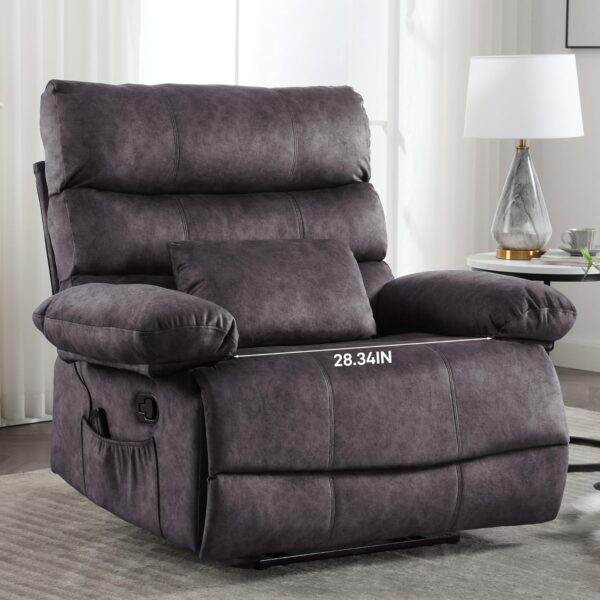 Oversized Recliner Chair, Plus Size 28 inch Large Wide Seat Manual Flannel Recliner with Pockets, Massage Heated Pillow 350 lb Capacity for Living Room Adults Dark Grey