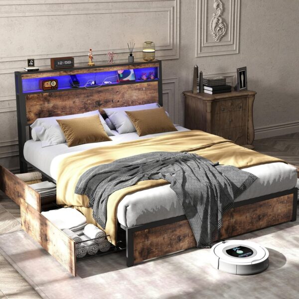 Queen Size Bed Frame with 4 Storage Drawers and Headboard with Charging Station and LED Lights,2 Tier Solid Wood Headboard Storage,Noise Free, No Box Spring Needed,Remote Control/Vintage Brown - Image 7