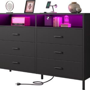 Dresser for bedroom, Fabric Black Bedroom Dresser with LED Lights and Charging Station, 6 Long Drawers Dresser, Tall Wide Chest of Drawers Storage Organizer TV Stand for up to 60" TV for Living Room
