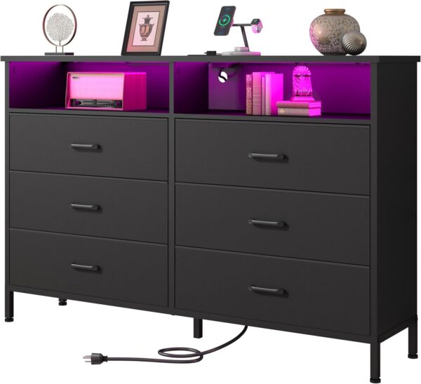 Dresser for bedroom, Fabric Black Bedroom Dresser with LED Lights and Charging Station, 6 Long Drawers Dresser, Tall Wide Chest of Drawers Storage Organizer TV Stand for up to 60" TV for Living Room
