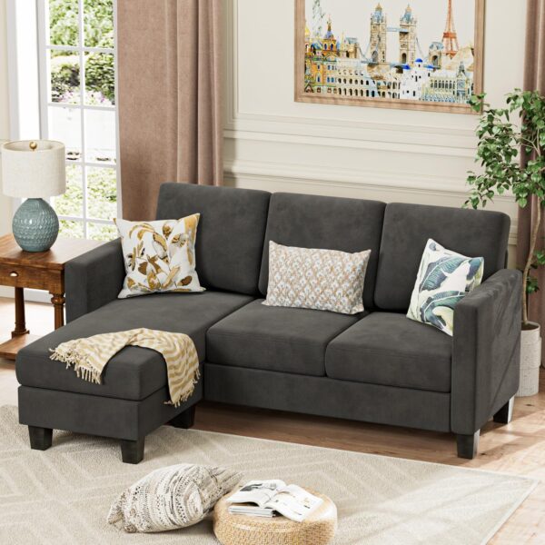 Convertible Sectional Sofa Couch, L-Shaped 3 Seat with Linen Fabric and Movable Ottoman, for Small Apartments, Living Room and Office, Dark Gray - Image 4