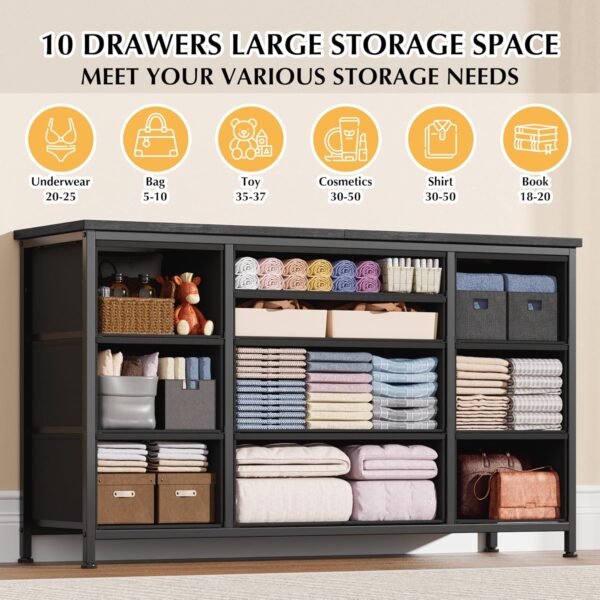 Dresser for Bedroom with Power Outlets, 55 inch TV Stand with Wood Tabletop, 10 Drawers Dresser with Big Storage, Wide Dressers Chests of Drawers with Fabric Storage, Black Wood Grain dresser - Image 4