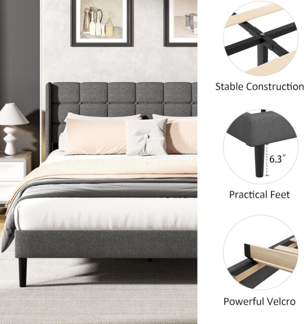 Queen Size Platform Bed Frame with Upholstered Headboard and Wingback, Mattress Foundation with Wooden Slat Support, No Box Spring Needed, Easy Assembly, Noise Free, Dark Gray - Image 5