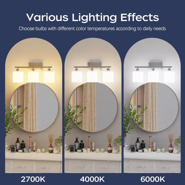 PARTPHONER Bathroom Light Fixtures, Bathroom Lighting Fixtures Over Mirror, Classic Vanity Lights, Modern Bathroom Vanity Light with Textured Frosted Opal White Glass Shades, Brushed Nickel, 3-Light - Image 6