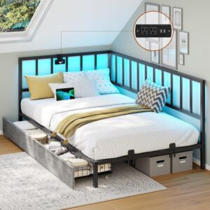 DICTAC Twin XL Corner Bed Frame with Led Lights and 2 Storage Drawers Metal Platform Bed Frame with Charging Station Modern Twin XL Daybed Frame for Living Room, Bedroom and Guest Room, Black & Gray