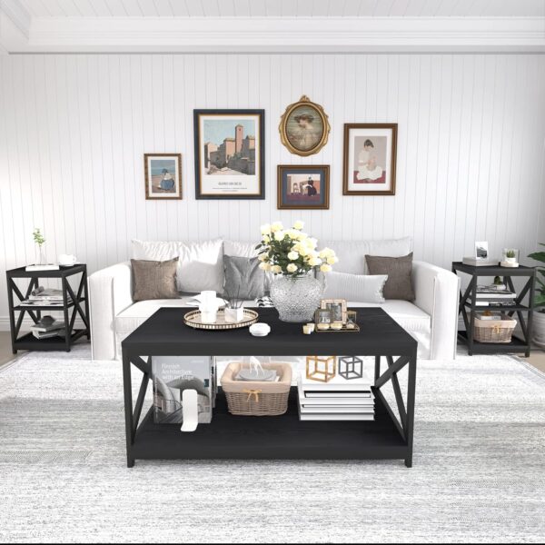 Bigbiglife Living Room Coffee Table Set of 3, Industrial X-Design Coffee Table and 2 End Side Tables, 3 Piece Living Room Table Set with Large Storage for Apartment Home (Black) - Image 2
