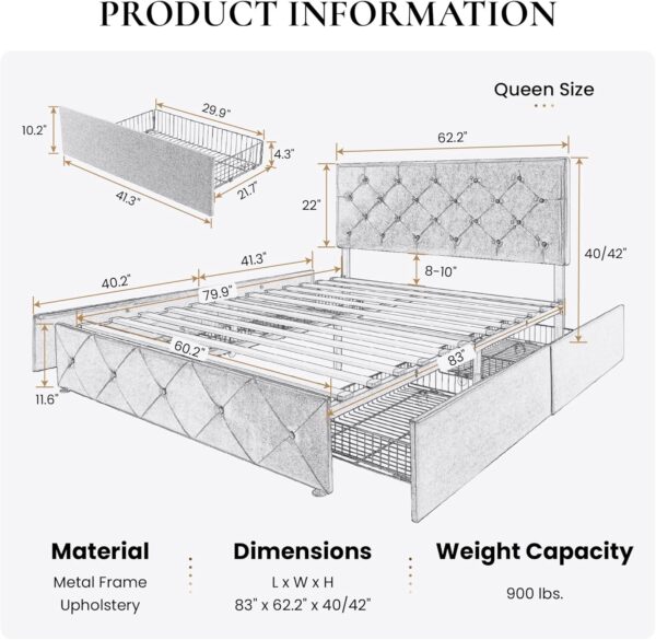 SHA CERLIN Upholstered Queen Platform Bed Frame with Adjustable Headboard and 4 Drawers Under Bed Storage, No Box Spring Needed, Diamond Stitches Button Tufted Design, Dark Grey - Image 2