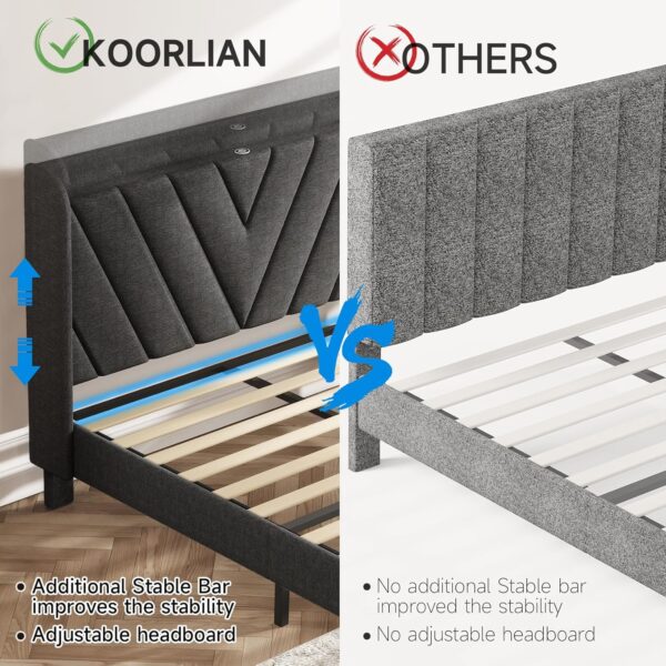 Queen Bed Frame with Headboard, Adjustable Upholstered Platform Bed Frame with Type-C&USB Ports, Wingback Storage Headboard, Solid Wood Slats Support, No Box Spring Needed, Dark Gray - Image 5