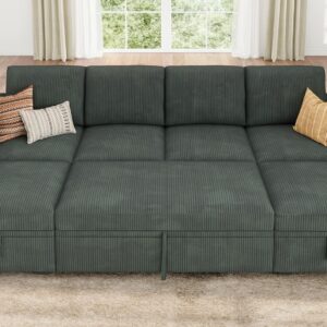 HONBAY Modular Sectional Sleeper Sofa Bed, Corduroy Pull Out Couch with Storage Ottoman, U Shaped Sectional Couches for Living Room, Green
