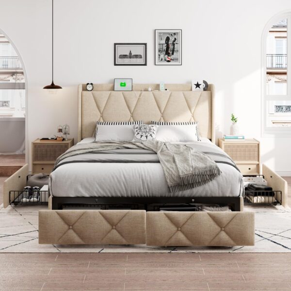 iPormis Queen Bed Frame with 4 Storage Drawers, Upholstered Platform Bed Frame with Charging Station, Modern Wingback Storage Headboard, Easy Assembly, Beige - Image 7