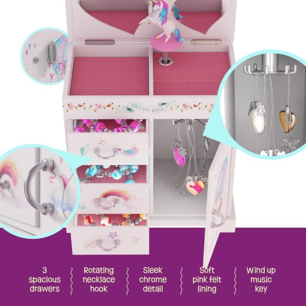 Unicorn Musical Jewelry Box for Kids - Unicorn Gifts for Girls, Ages 3-8, Best Princess Room Unicorn Toys Gift for Age 3, 4, 5, 6, 7, 8 Year Old Little Girl - Birthday Present Toy Ideas Music Box - Image 6