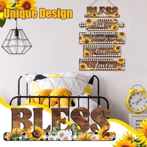 Sintuff Sunflower Kitchen Wall Decor Bless The Food Before Us Sign Farmhouse Kitchen Wooden Wall Signs Rustic Dining Room Wall Art Country Vintage Hanging Decoration for Home Room (Plaid Style) - Image 4
