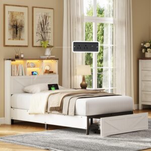 Twin Bed Frame with Bookshelf, Bookcase High Headboard with Charging Station and LED Light, Farmhouse Bed with Storage Drawers, No Box Spring Needed, Noise Free, Easy Assembly, White