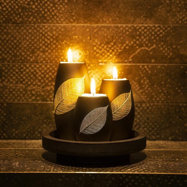 IYARA CRAFT Tealight Candle Holders with Candle Tray Set of 3 Decorative Candle Holders Matte Wood Finish with Dry Leaf Decoration - Image 3