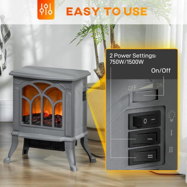 HOMCOM 17" Freestanding Electric Fireplace Stove, Fire Place Heater with Realistic Logs and Flame Effect and Overheat Protection, 750W/1500W, Gray - Image 4