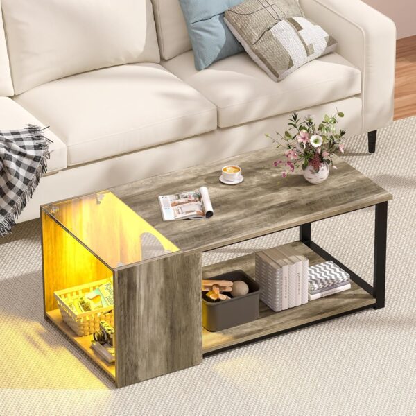 Small LED Coffee Tables for Living Room Center Coffee Table with Storage Tempered Glass Top 35.4 inch Modern Farmhouse Style, Easy Assemble, Grey Wash - Image 7