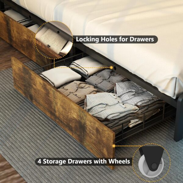 LED Bed Frame Full Size with Storage Headboard & 4 Storage Drawers, Full Bed Frame with Outlets and USB Ports, Metal Platform Bed Full with LED Lights, No Box Spring Needed, Vintage Brown - Image 7