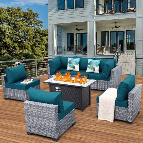 7 Pieces Wicker Patio Furniture Set,PE Rattan Outdoor Sectional Conversation Sofa Set with Fire Pit Table, Non-Slip Cushions and Furniture Cover, Peacock Blue - Image 3