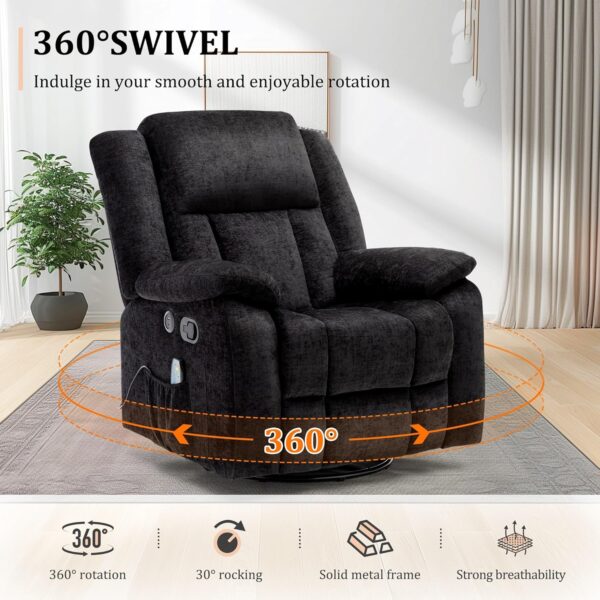 Rocker Recliner Chair for Adults, 360°Swivel Recliner Chair with USB Ports, Electric Recliner Chairs with Massage and Heating, Rocking Recliner for Living Room, Nursery, Black - Image 6