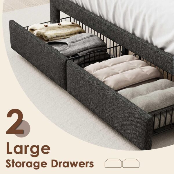 LED Full Size Bed Frame with 2 Storage Drawers, Upholstered Full Bed Frame with Headboard and Charging Station, No Box Spring Needed, Easy to Assembly-Dark Grey - Image 5