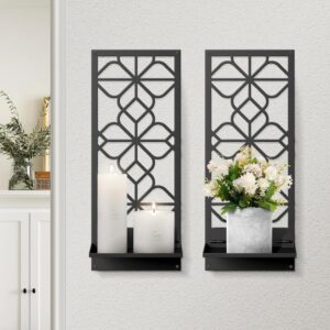 Black Metal Wall Candle Holder Minimalist Retro Line Metal Wall Art Decor Black Rustic Wall Art Decor for Living Room Dining Room Bedroom Bathroom (2 Pack, 16.5 x 7 in)