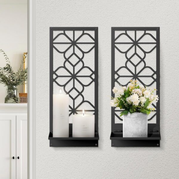 Black Metal Wall Candle Holder Minimalist Retro Line Metal Wall Art Decor Black Rustic Wall Art Decor for Living Room Dining Room Bedroom Bathroom (2 Pack, 16.5 x 7 in)