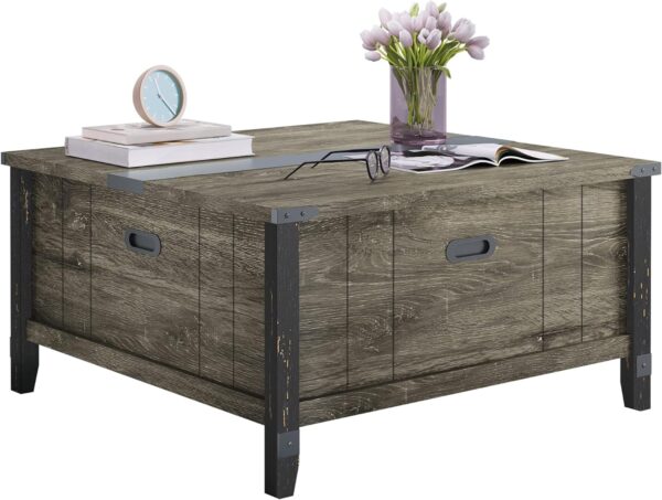 Bestier Square Coffee Table, 36 Inch Farmhouse Coffee Table with Large Hidden Storage Compartment, Wood Center Table Cocktail Table with Hinged Lift Top for Living Room Bedroom Home Office, Gray - Image 6