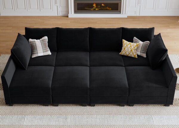 HONBAY Modular Sectional Sleeper Sofa Velvet Sectional Sleeper Couch with Storage Seats Oversized Sectional for Living Room,Black - Image 7