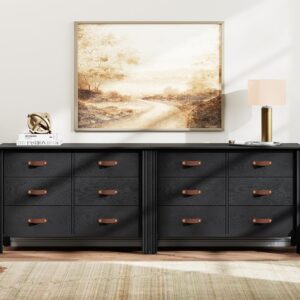 WAMPAT Black Dresser for Bedroom, Long Wide Dresser with 12 Drawers, Kids Dressers & Chests of Drawers, Set of 2 Classic Wooden Storage Cabinet Organizer for Closet, Living Room, Hallway