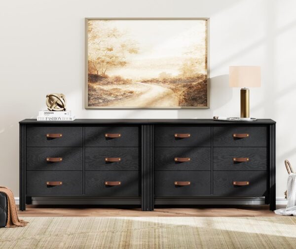 WAMPAT Black Dresser for Bedroom, Long Wide Dresser with 12 Drawers, Kids Dressers & Chests of Drawers, Set of 2 Classic Wooden Storage Cabinet Organizer for Closet, Living Room, Hallway