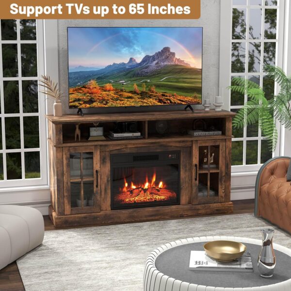 COSTWAY Electric Fireplace TV Stand for TVs Up to 65 Inches, 1400W Heater Insert with Remote Control, 6H Timer, 3-Level Flame, Overheat Protection and CSA Certification, Adjustable Shelves, Brown - Image 3
