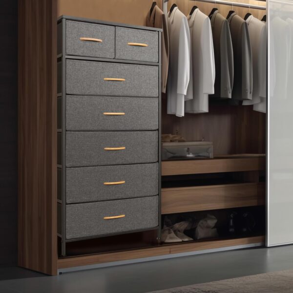 Tall Dresser for Bedroom, Vertical Storage Organizer Tower with 7 Drawers, Chest of Drawers with Fabric Bins, Steel Frame, Wood Top for Bedroom, Closet, Entryway- Grey - Image 4