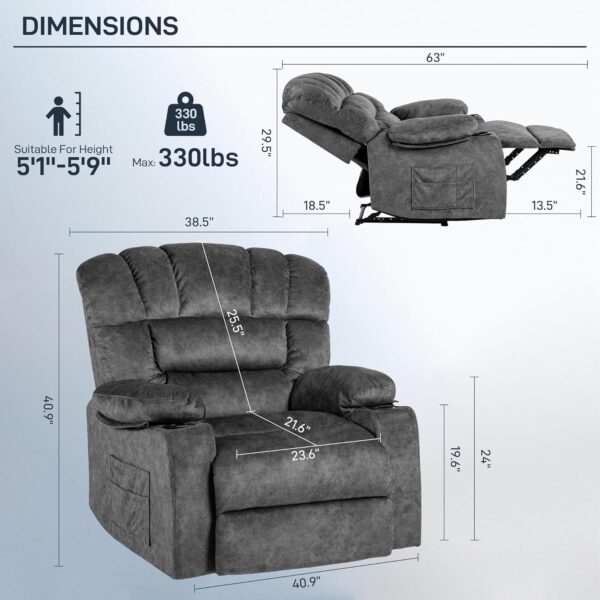 Recliner Chair Massage Heated Modern Ergonomic Lounge Single Sofa Seat Living Room Gravity Recliners Elastic Foam Filling 2 Cup Holders & Side Pocket - Image 2