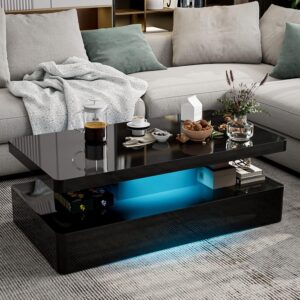 IKIFLY LED High Glossy Coffee Table, Modern Coffee Table for Living Room, 2 Tiers Rectangle Design Coffee Table with 16 Colors LED Lights Black