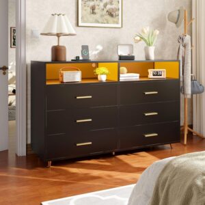 EnHomee Wood Dresser for Bedroom with LED Lights, 47.3" W Black Dresser & Chests of Drawers, 6 Drawer Dresser TV Stand, Modern Dresser with Large Organizer for Bedroom, Living Room, Hallway, Black