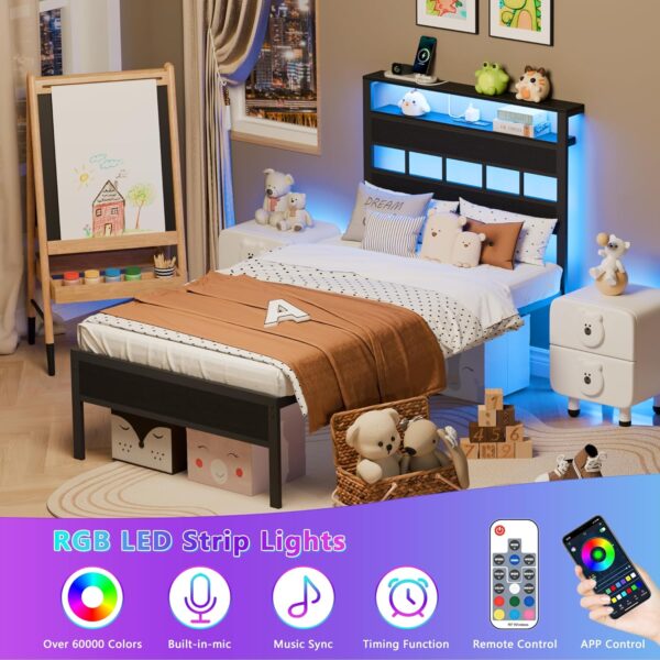 Furnulem Full Size Bed Frame with LED Light and Charging Station, Storage Headboard with 2-Tier Shelves, Metal Platform Bed with Heavy Duty Slats Support, No Box Spring Needed, Black Oak - Image 3