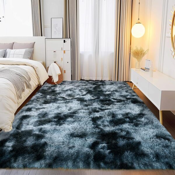 Anti-Skid Rectangular Fuzzy Rug Fluffy Rug for Living Room Non-Slip Shag Fuzzy Rug for Nursery Tie-Dyed Blue Grey Rectangle 5x7 Feet - Image 3