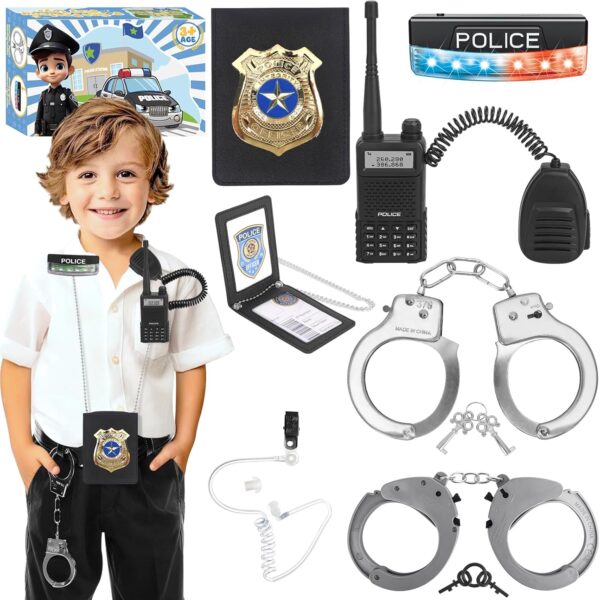 Police Toys, Police Pretend Play Toys for Dress Up, Role Play Set with Police Accessories, Handcuffs, Warning Light, Police Badge, Birthday Halloween Christmas Gifts for Kids Boys Girls