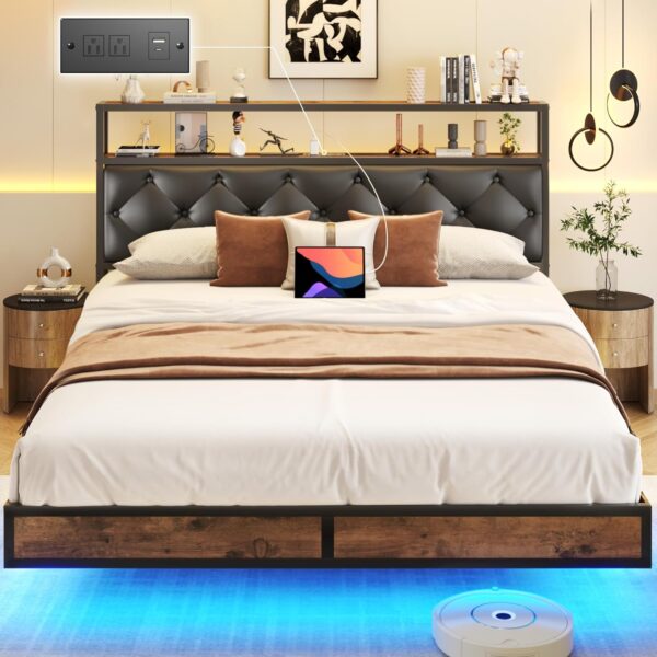 HISOFT Floating Queen Bed Frame with 2-Tier Storage Headboard, Metal Queen Bed Frame with Charging Station & LED, Faux Leather, No Box Spring Needed, Noise Free, Easy to Assemble, Black Diamond