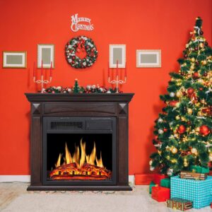 R.W.FLAME 27” Electric Fireplace Mantel Wooden Surround Firebox, TV Stand with Freestanding Electric Fireplace,Remote Control, Adjustable Led Flame, 750W/1500w Browm