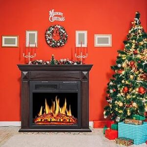 R.W.FLAME 27” Electric Fireplace Mantel Wooden Surround Firebox, TV Stand with Freestanding Electric Fireplace,Remote Control, Adjustable Led Flame, 750W/1500w Browm
